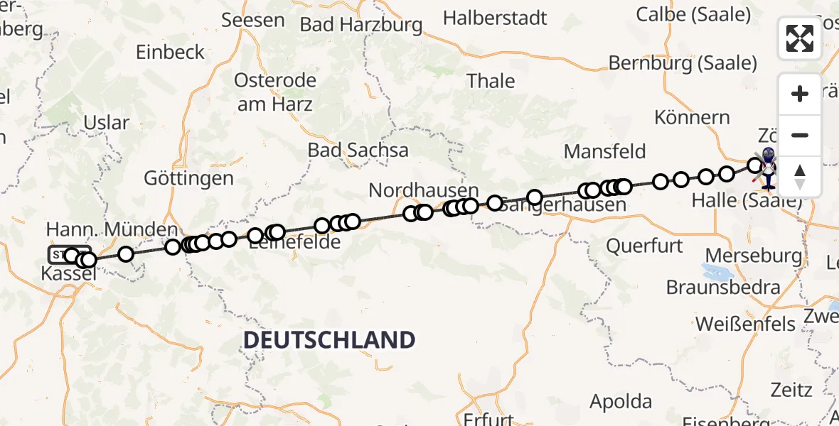 Flugroute Polizeihubschrauber Fuldatal Bundespolizei Hubschrauberlandeplatz - Halle-Oppin Flugplatz, 29 Juni 2026, 18:00