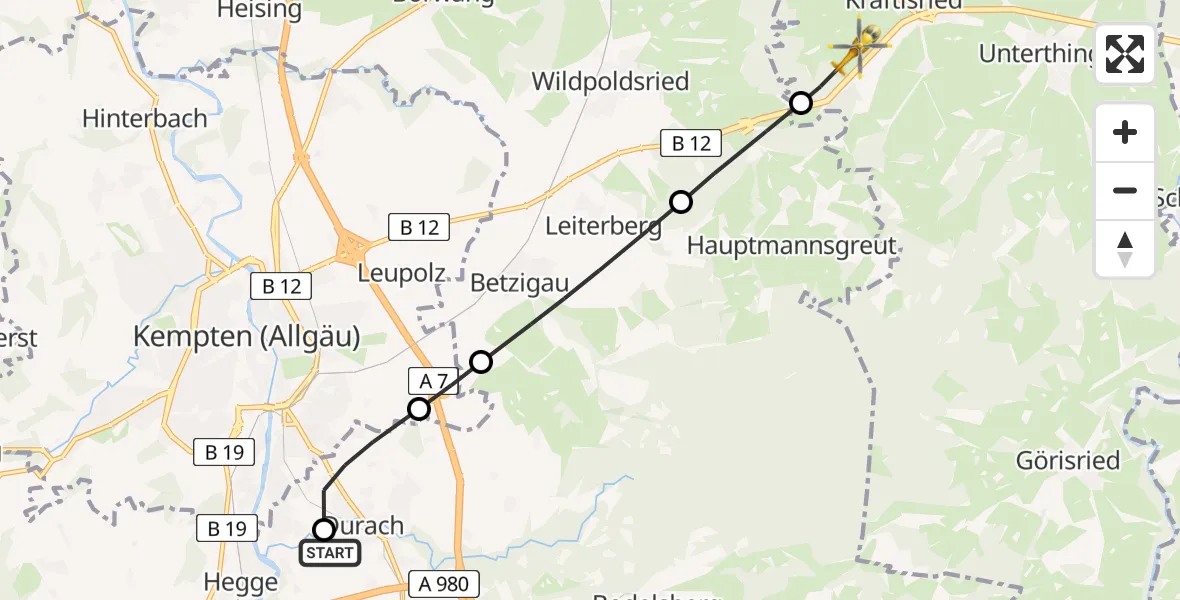 Flugroute Rettungshubschrauber Kempten-Durach Flugplatz - Kraftisried, 29 Juni 2026, 18:02