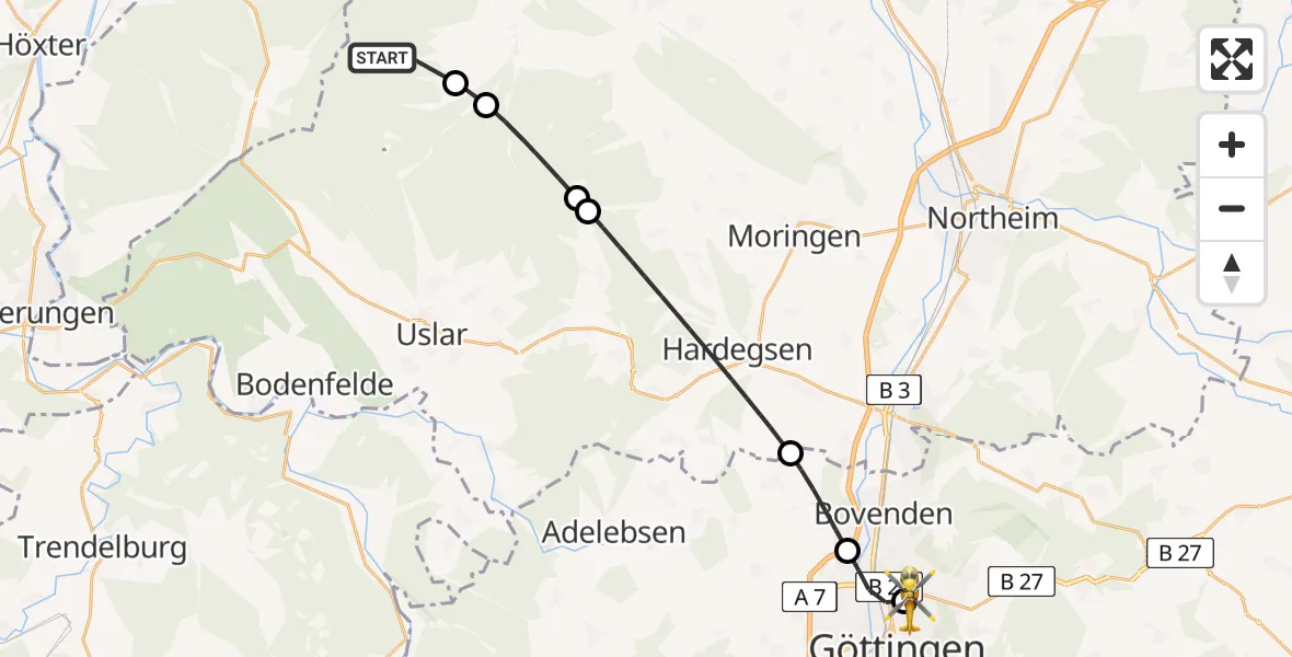 Flugroute Rettungshubschrauber Solling (Landkreis Northeim) - Göttingen University Clinic Hubschrauberlandeplatz, 29 Juni 2026, 18:04
