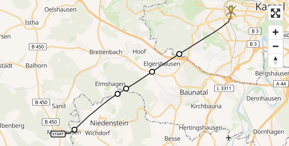 Flugroute Rettungshubschrauber Bad Emstal - Kassel, 29 Juni 2026, 18:07