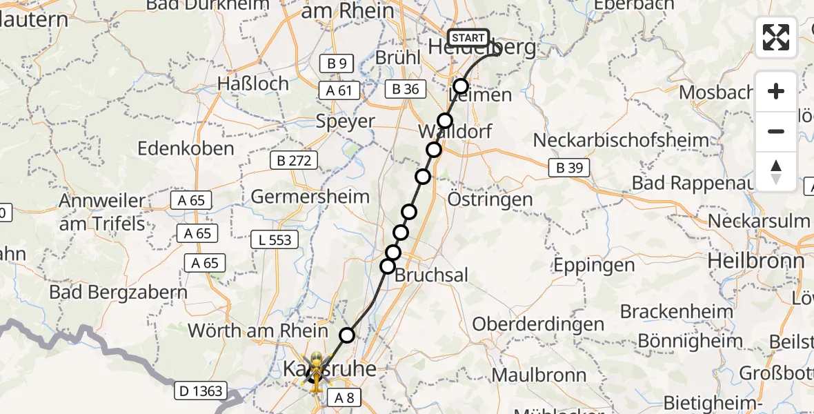 Flugroute Ambulanzhubschrauber Heidelberg - Sankt Vincentius Hospital, 29 Juni 2026, 18:14