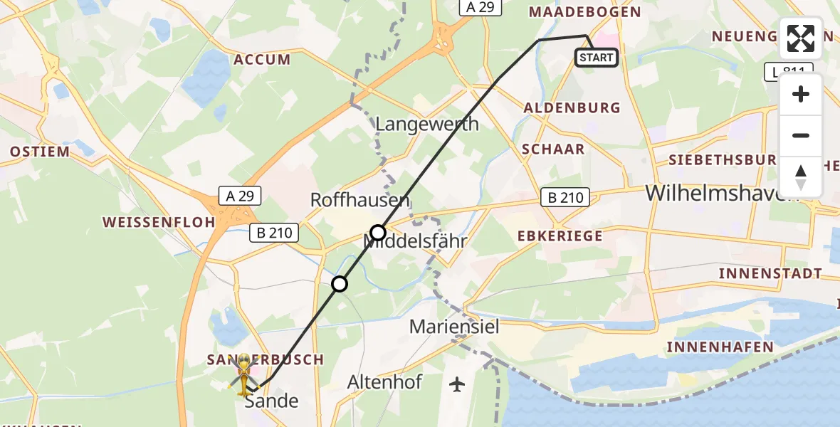 Flugroute Rettungshubschrauber Wilhelmshaven - Sande, 29 Juni 2026, 18:15