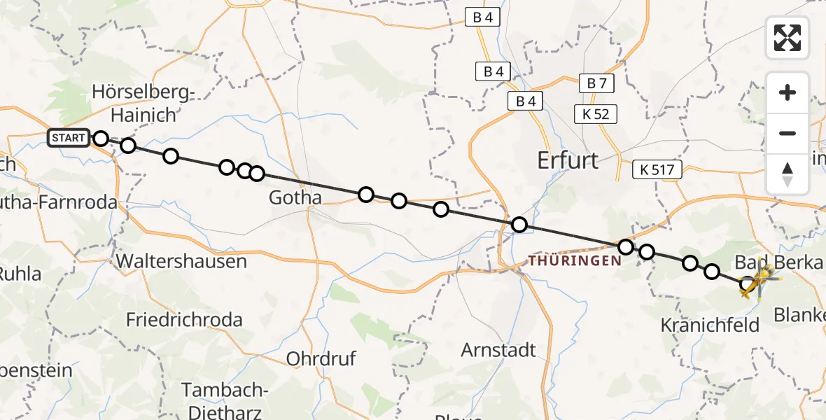Flugroute Ambulanzhubschrauber Hörselberg-Hainich - Bad Berka, 29 Juni 2026, 18:21