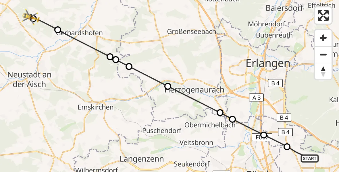 Flugroute Rettungshubschrauber Flughafen Nuremberg - Münchsteinach, 29 Juni 2026, 18:29