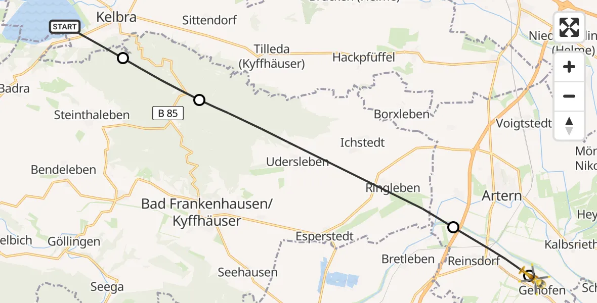 Flugroute Rettungshubschrauber Kelbra (Kyffhäuser) - Gehofen, 29 Juni 2026, 18:30