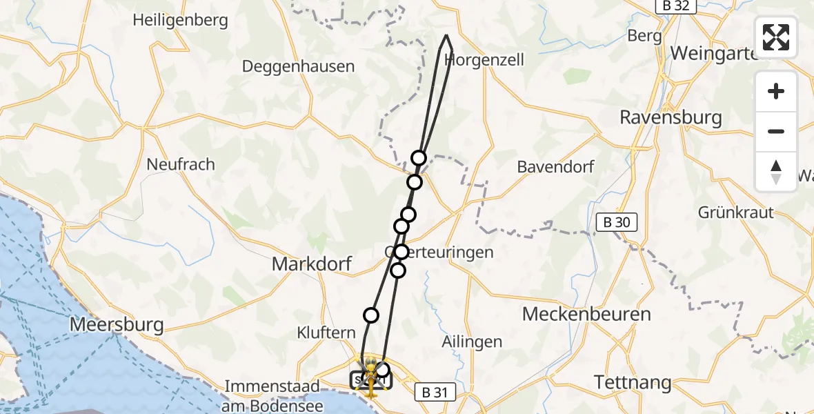 Flugroute Rettungshubschrauber Friedrichshafen Hospital - Friedrichshafen Hospital, 29 Juni 2026, 18:31