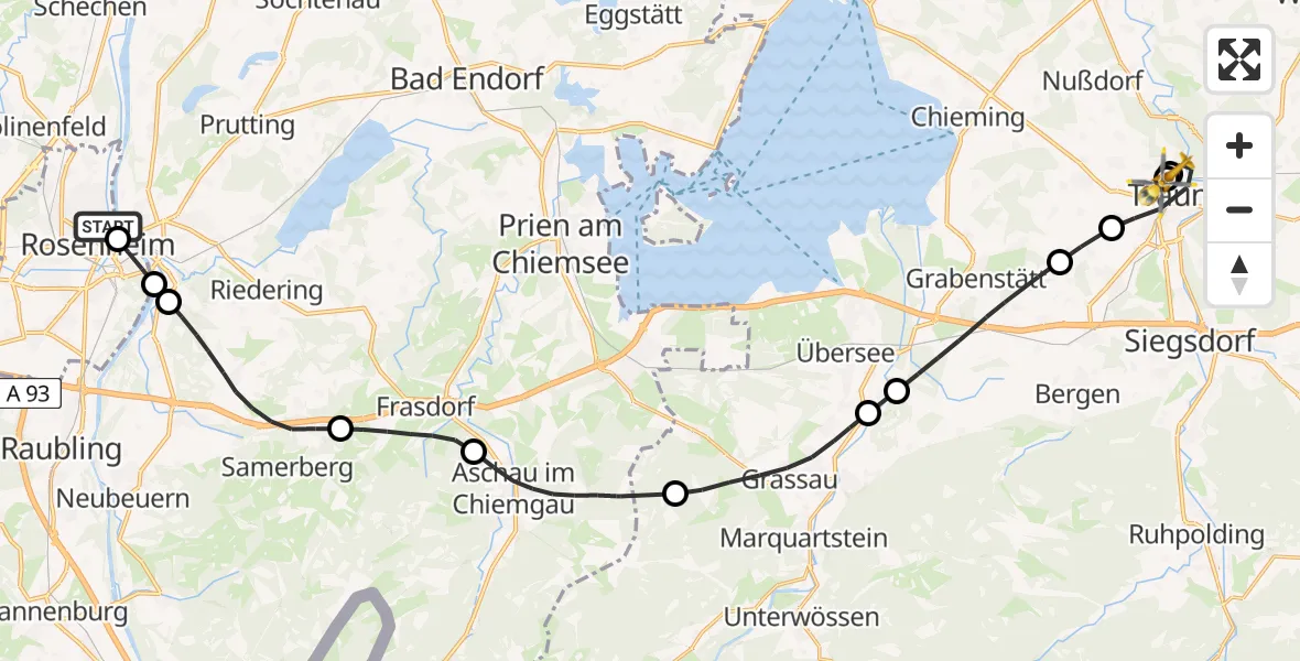 Flugroute Rettungshubschrauber RoMed Hospital Rosenheim - Traunstein Hospital, 29 Juni 2026, 18:31