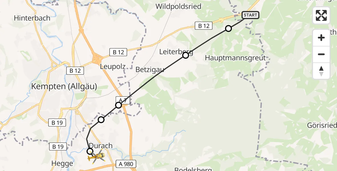 Flugroute Rettungshubschrauber Kraftisried - Kempten-Durach Flugplatz, 29 Juni 2026, 18:33