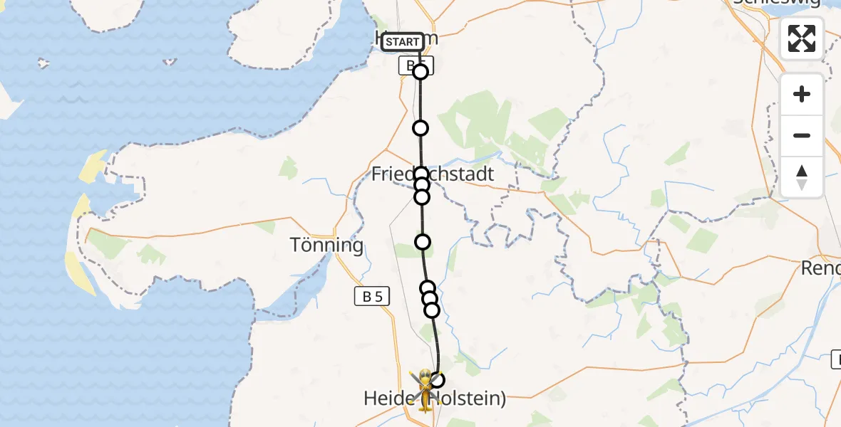 Flugroute Ambulanzhubschrauber Husum - Heide, 29 Juni 2026, 18:34