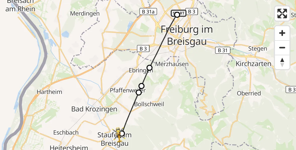 Flugroute Ambulanzhubschrauber Freiburg im Breisgau Flugplatz - Staufen im Breisgau, 29 Juni 2026, 18:34