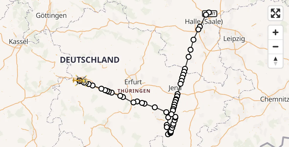 Flugroute Rettungshubschrauber Halle-Oppin Flugplatz - Sankt Georg Hospital Eisenach, 29 Juni 2026, 19:05