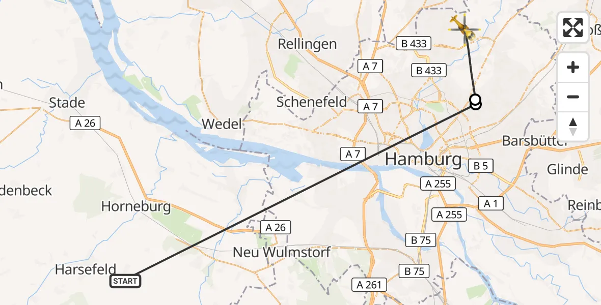 Flugroute Rettungshubschrauber Harsefeld - Hamburg, 29 Juni 2026, 19:15