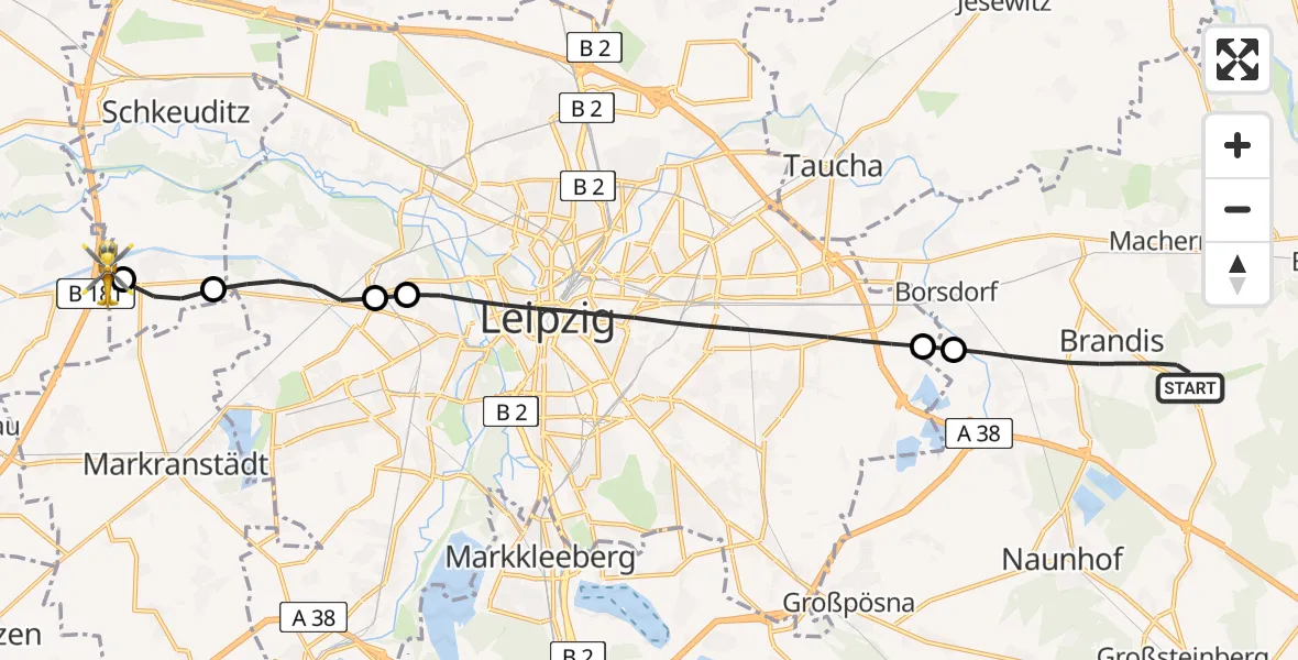 Flugroute Rettungshubschrauber Brandis - ADAC Air Rescue Station Leipzig/Schkeuditz-Dölzig Hubschrauberlandeplatz (Christoph 61), 29 Juni 2026, 19:16