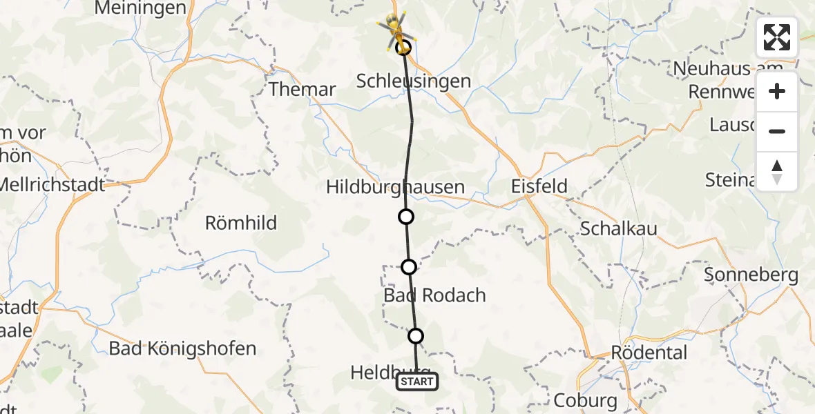 Flugroute Rettungshubschrauber Heldburg - Schleusingen, 29 Juni 2026, 19:20