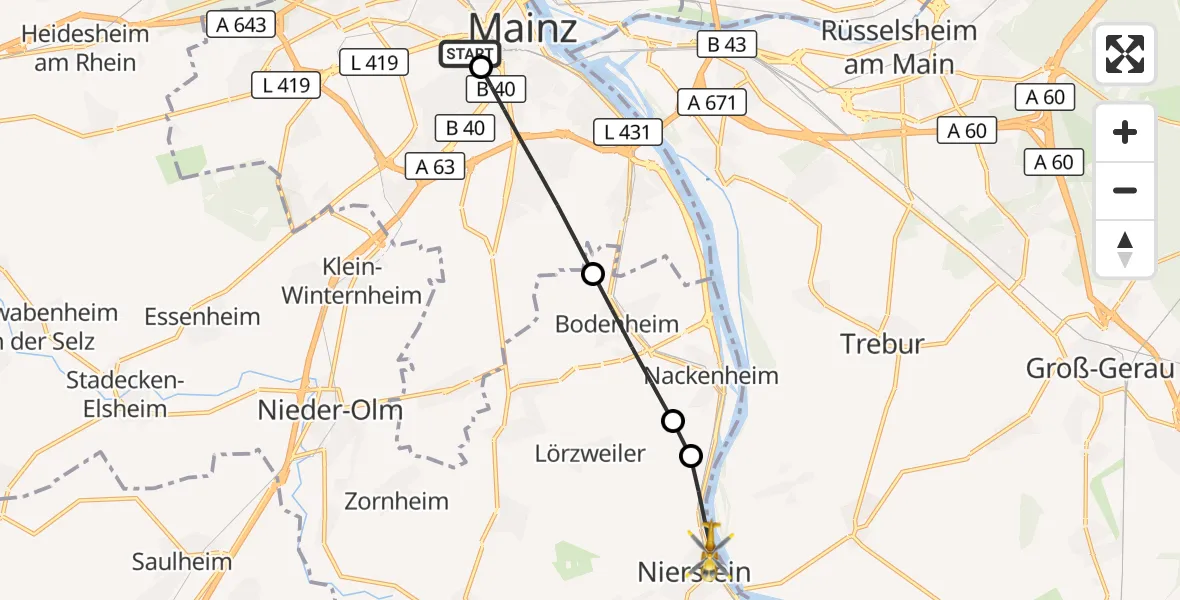 Flugroute Rettungshubschrauber Mainz University Hospital - Nierstein, 29 Juni 2026, 19:24