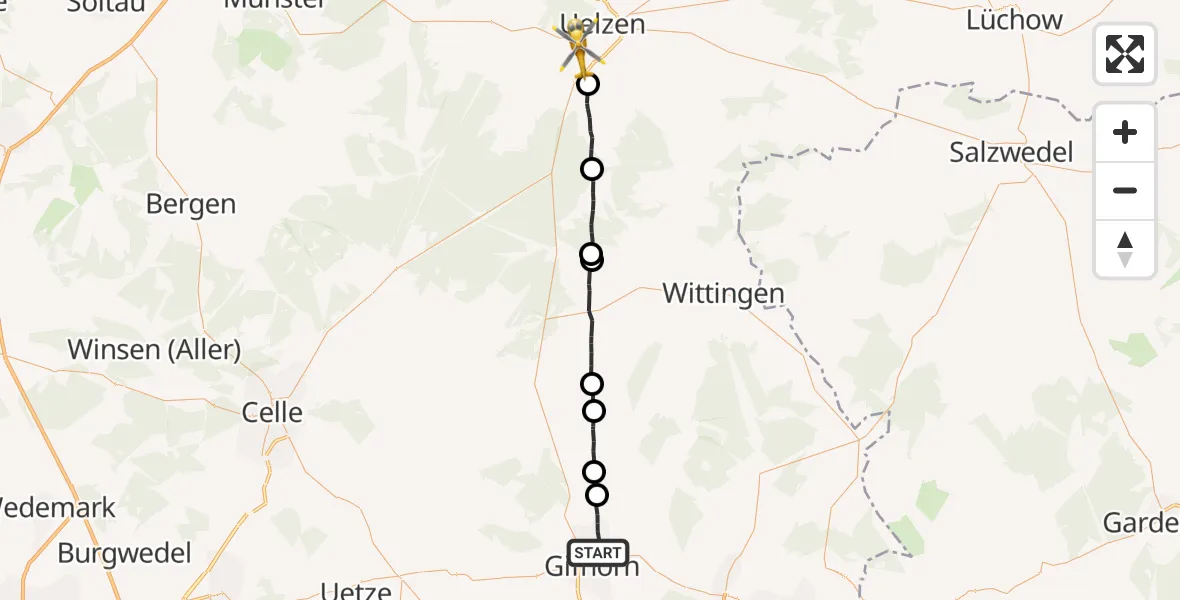 Flugroute Rettungshubschrauber Gifhorn - Uelzen, 29 Juni 2026, 19:30