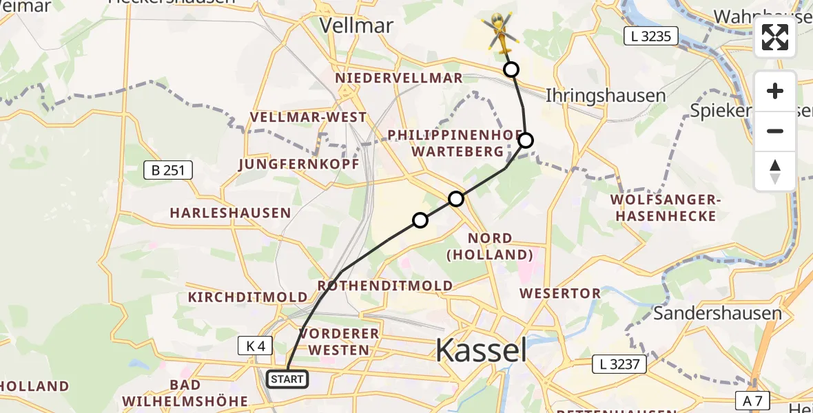 Flugroute Rettungshubschrauber Kassel - Fuldatal Bundespolizei Hubschrauberlandeplatz, 29 Juni 2026, 19:31