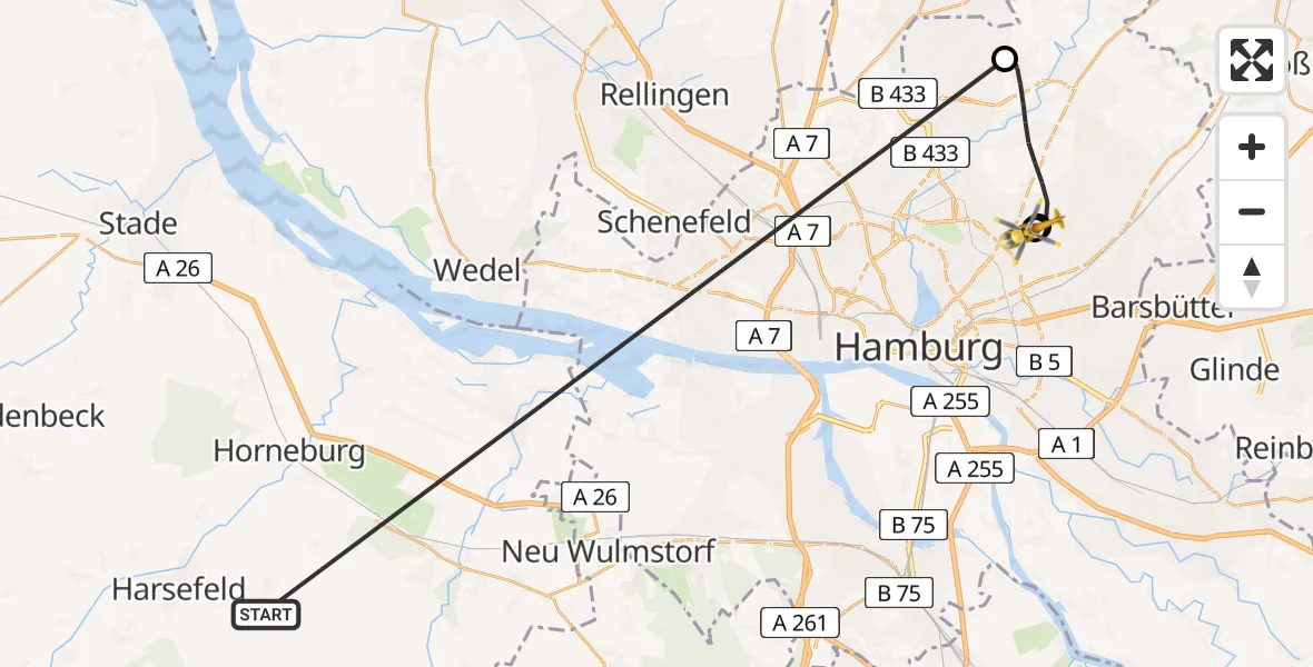 Flugroute Rettungshubschrauber Harsefeld - Hamburg Military Hospital, 29 Juni 2026, 19:32
