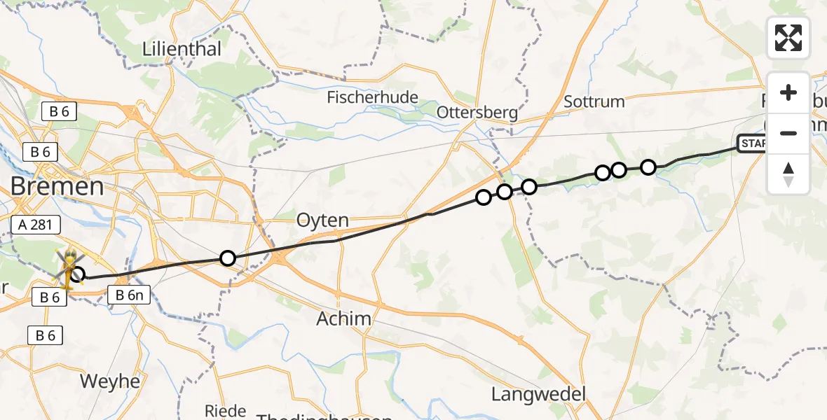 Flugroute Rettungshubschrauber Rotenburg (Wümme) - ADAC Air Rescue Station Bremen Hubschrauberlandeplatz (Christoph 6), 29 Juni 2026, 19:42