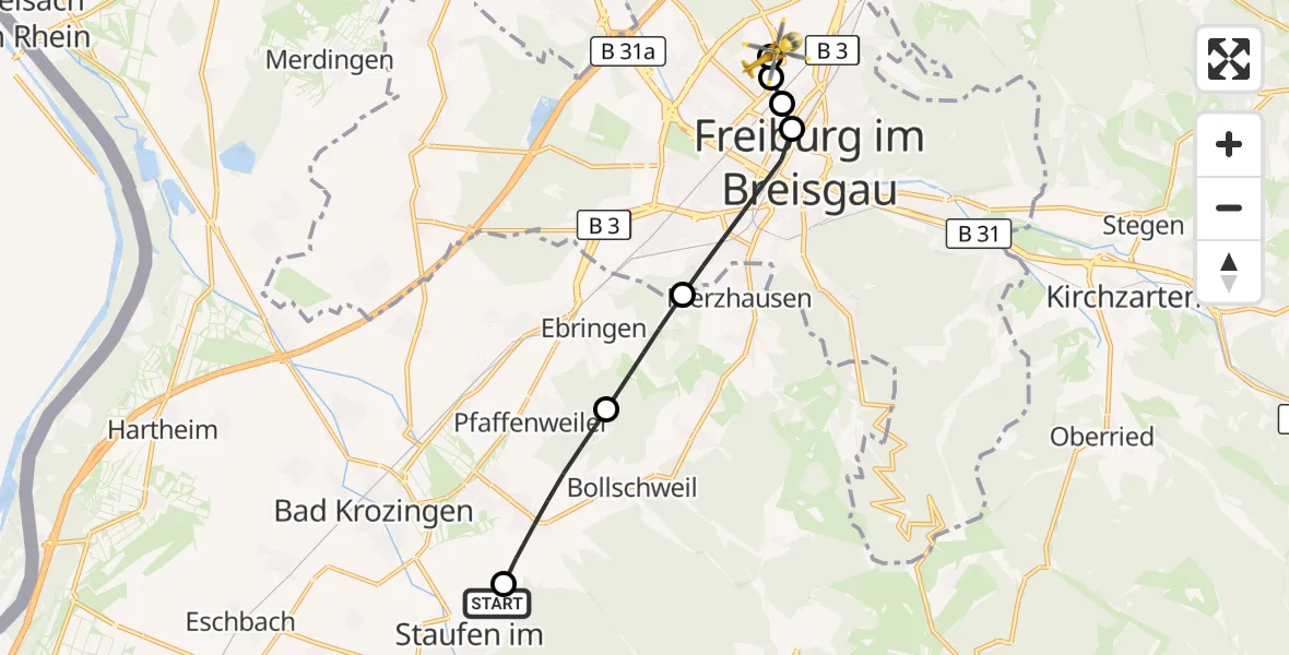 Flugroute Ambulanzhubschrauber Staufen im Breisgau - Freiburg im Breisgau Flugplatz, 29 Juni 2026, 19:52
