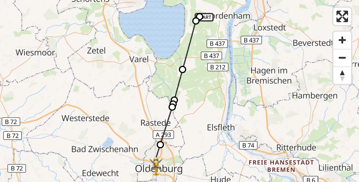 Flugroute Rettungshubschrauber Nordenham - Oldenburg (Oldb), 29 Juni 2026, 19:59