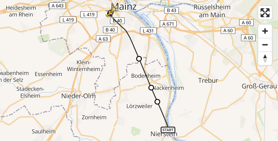 Flugroute Rettungshubschrauber Nierstein - Mainz University Hospital, 29 Juni 2026, 19:59