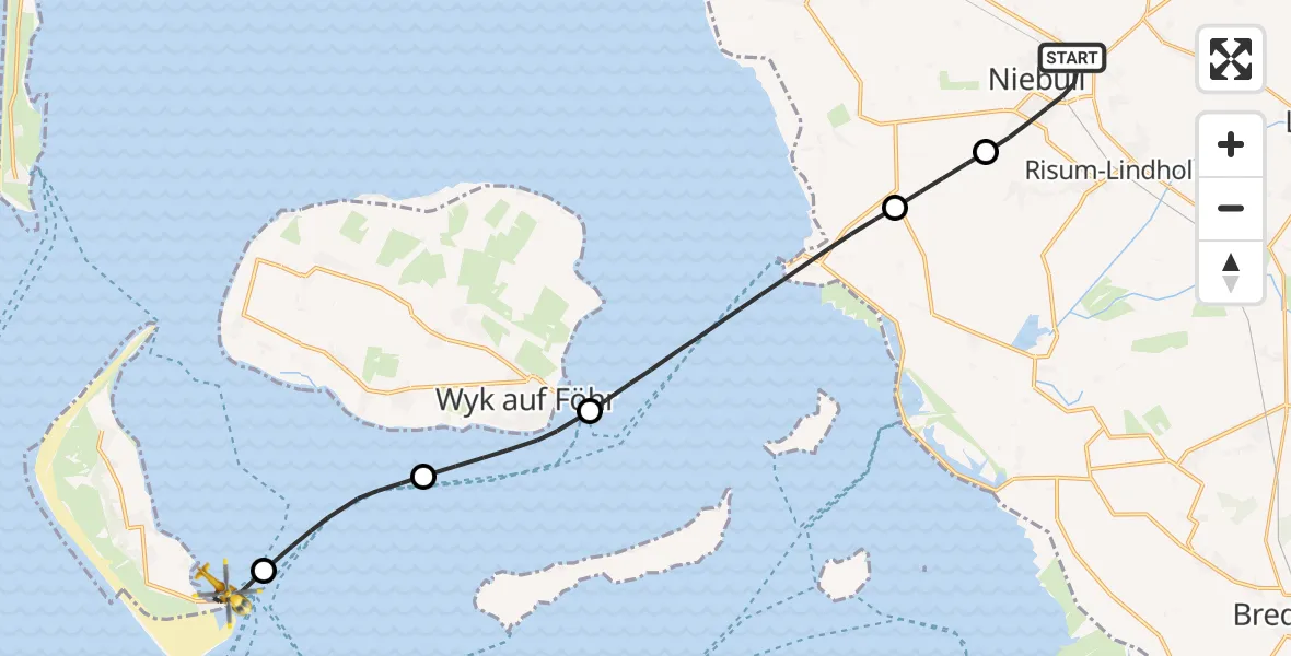 Flugroute Rettungshubschrauber Niebüll - Wittdün auf Amrum, 29 Juni 2026, 20:13