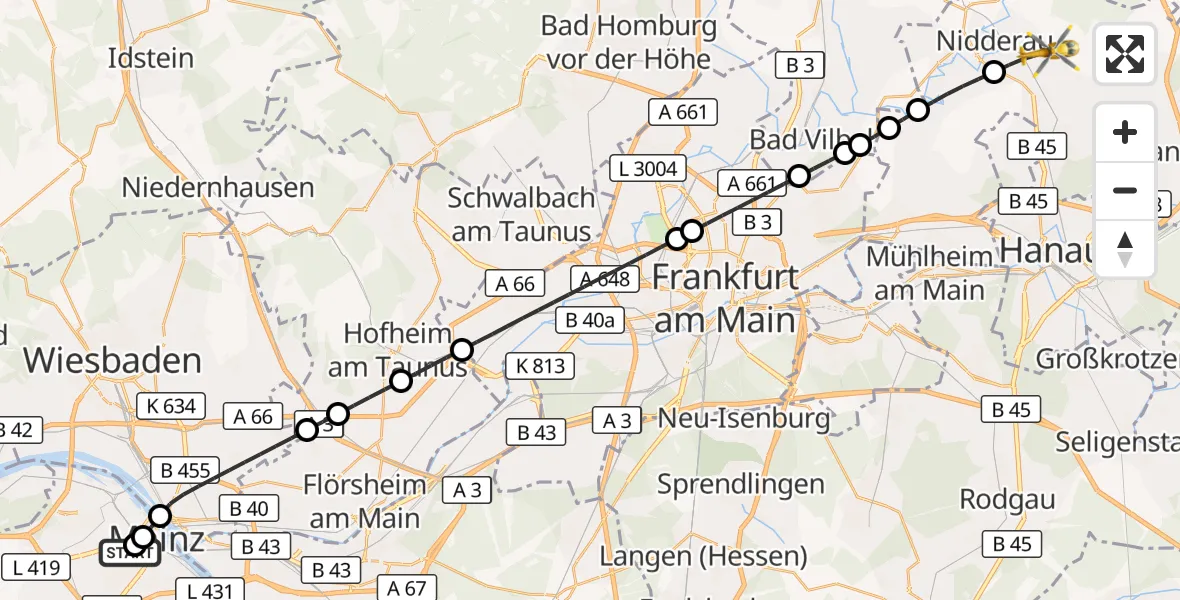 Flugroute Rettungshubschrauber Mainz University Hospital - Nidderau, 29 Juni 2026, 20:31