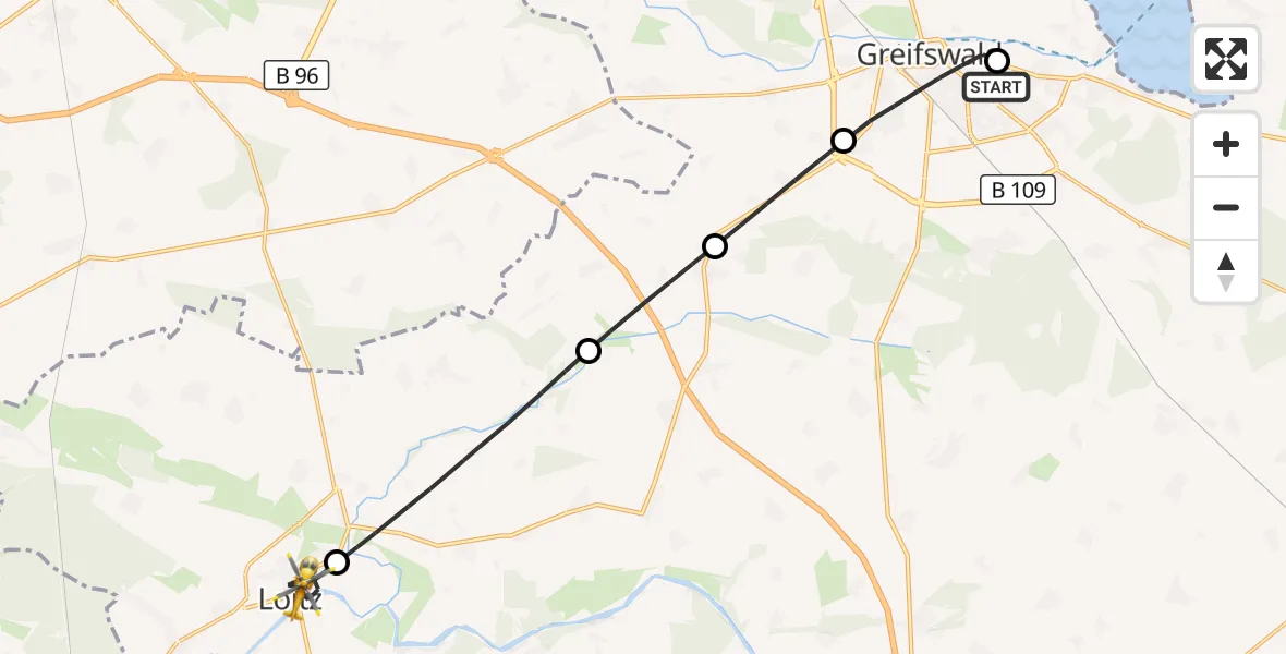 Flugroute Rettungshubschrauber Greifswald Hospital - Loitz, 29 Juni 2026, 20:36