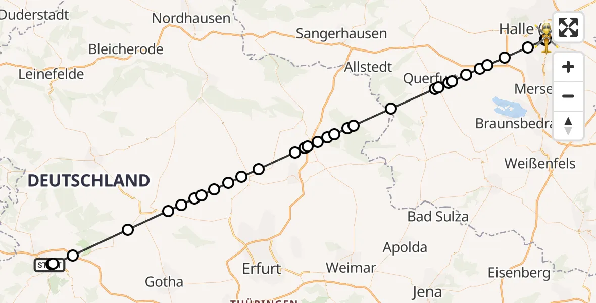 Flugroute Rettungshubschrauber Sankt Georg Hospital Eisenach - BG Hospital Bergmannstrost Halle, 29 Juni 2026, 20:42