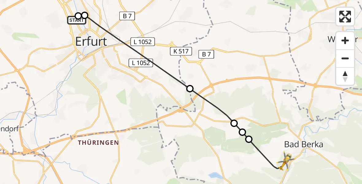 Flugroute Ambulanzhubschrauber Helios Clinic Erfurt - DRF Rettungsstation Bad Berka Hubschrauberlandeplatz, 29 Juni 2026, 20:48
