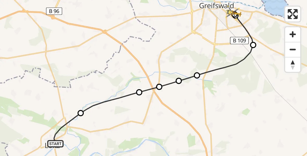 Flugroute Rettungshubschrauber Loitz - Greifswald Hospital, 29 Juni 2026, 21:11