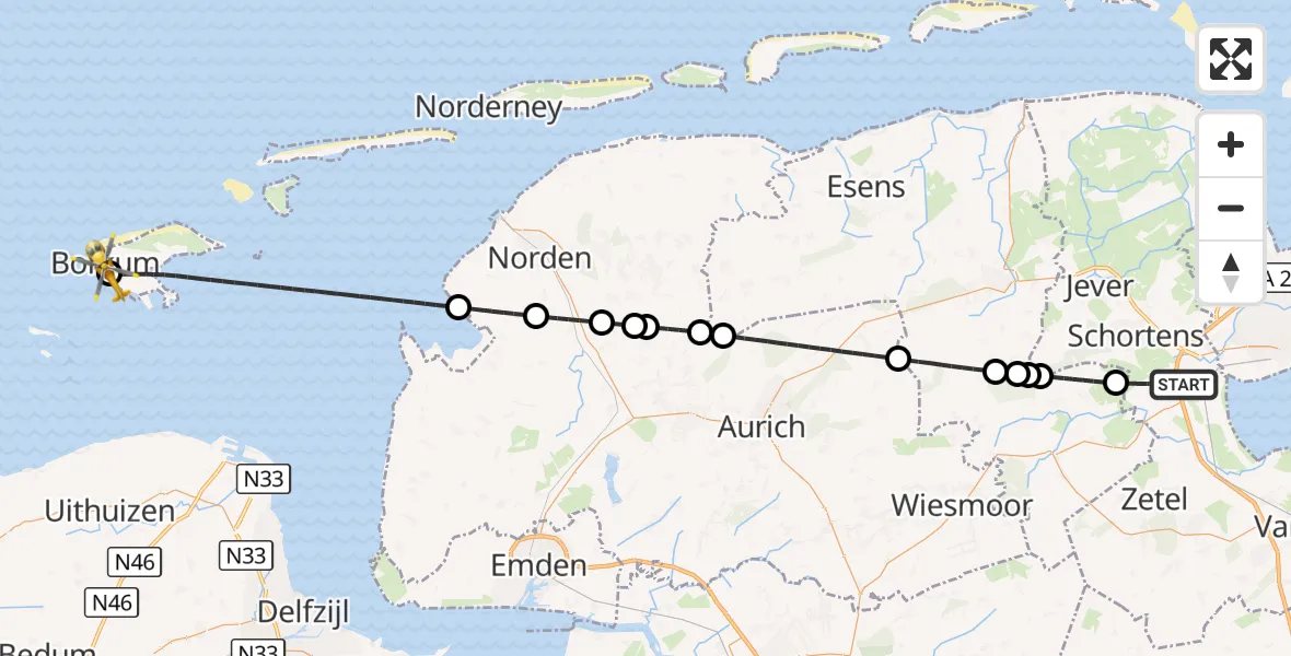 Flugroute Rettungshubschrauber Sande - Borkum Island Hospital, 29 Juni 2026, 21:41