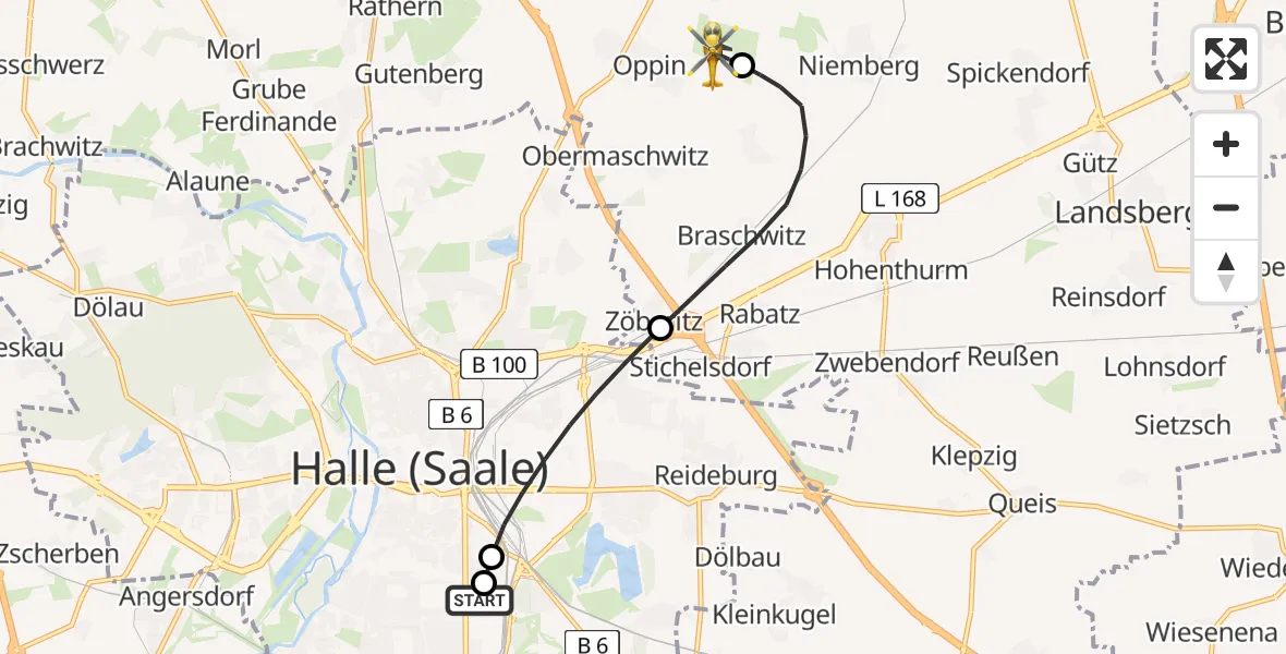 Flugroute Rettungshubschrauber BG Hospital Bergmannstrost Halle - Halle-Oppin Flugplatz, 29 Juni 2026, 21:46