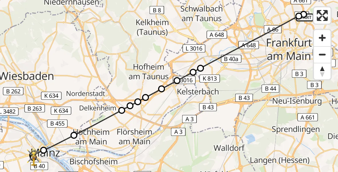 Flugroute Rettungshubschrauber Frankfurt am Main Accident Hospital Roof - Mainz University Hospital, 29 Juni 2026, 21:48