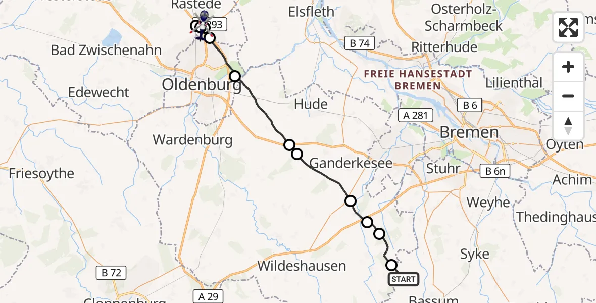 Flugroute Polizeihubschrauber Bassum - Oldenburg Police Hubschrauberlandeplatz, 29 Juni 2026, 22:39