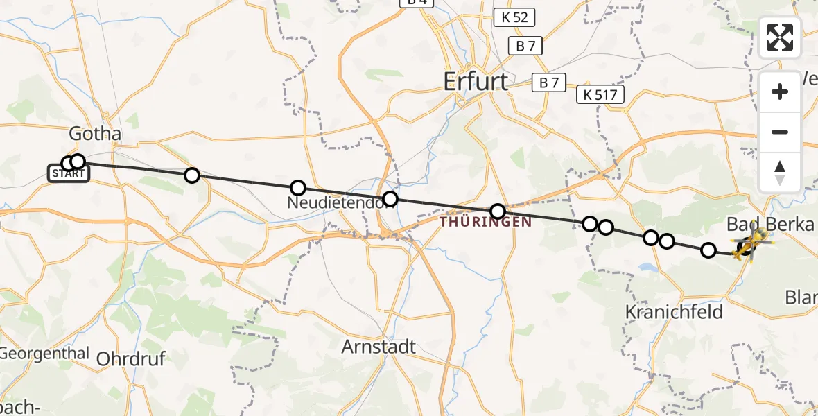 Flugroute Ambulanzhubschrauber Helios Clinic Gotha - Bad Berka Central Hospital, 29 Juni 2026, 22:49
