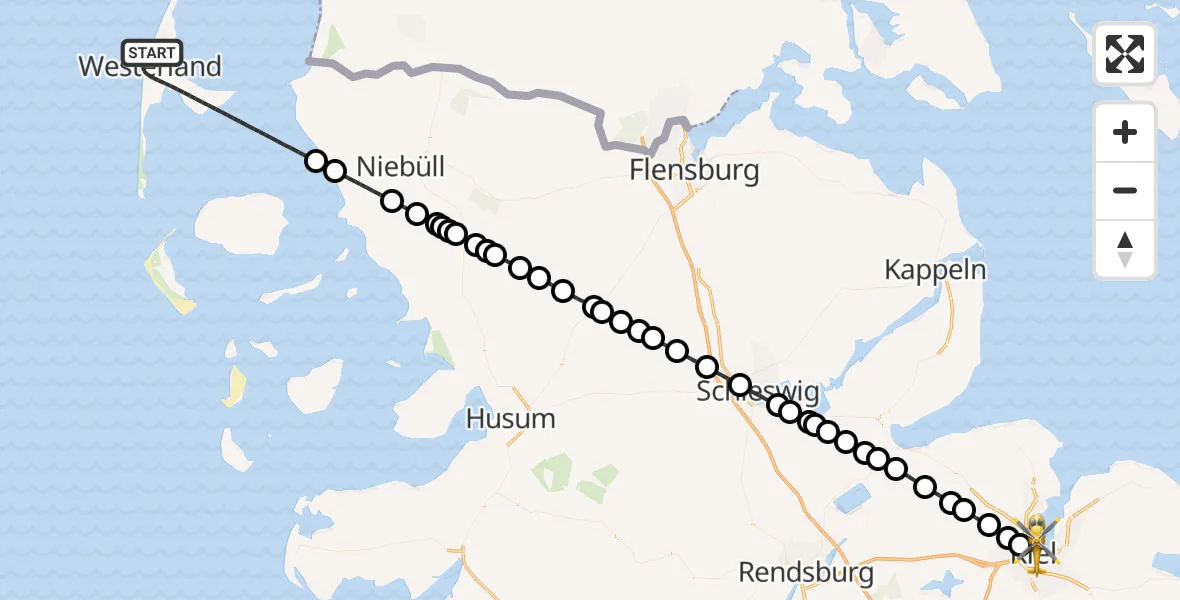 Flugroute Rettungshubschrauber Sylt - Kiel, 29 Juni 2026, 23:36