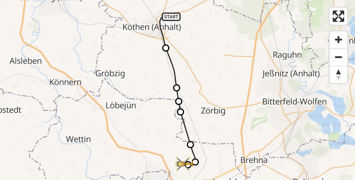 Flugroute Rettungshubschrauber Köthen (Anhalt) - Halle-Oppin Flugplatz, 29 Juni 2026, 23:39