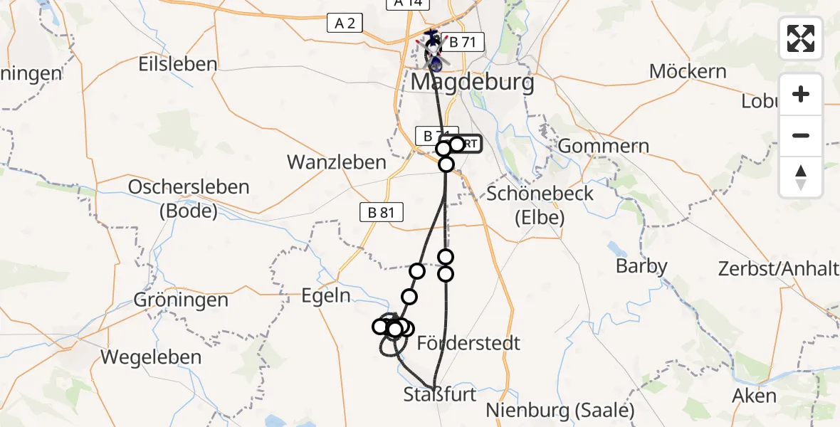 Flugroute Polizeihubschrauber Magdeburg City Flugplatz - Magdeburg Hospital, 30 Juni 2026, 00:21