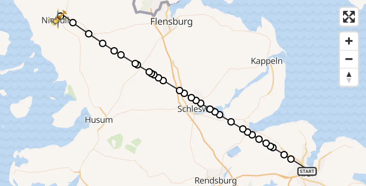 Flugroute Rettungshubschrauber Kiel - Niebüll, 30 Juni 2026, 00:43