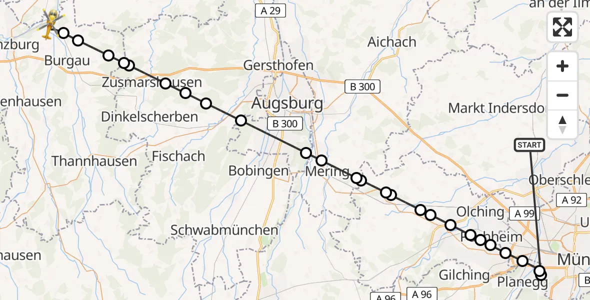 Flugroute Rettungshubschrauber Röhrmoos - Offingen, 30 Juni 2026, 01:07