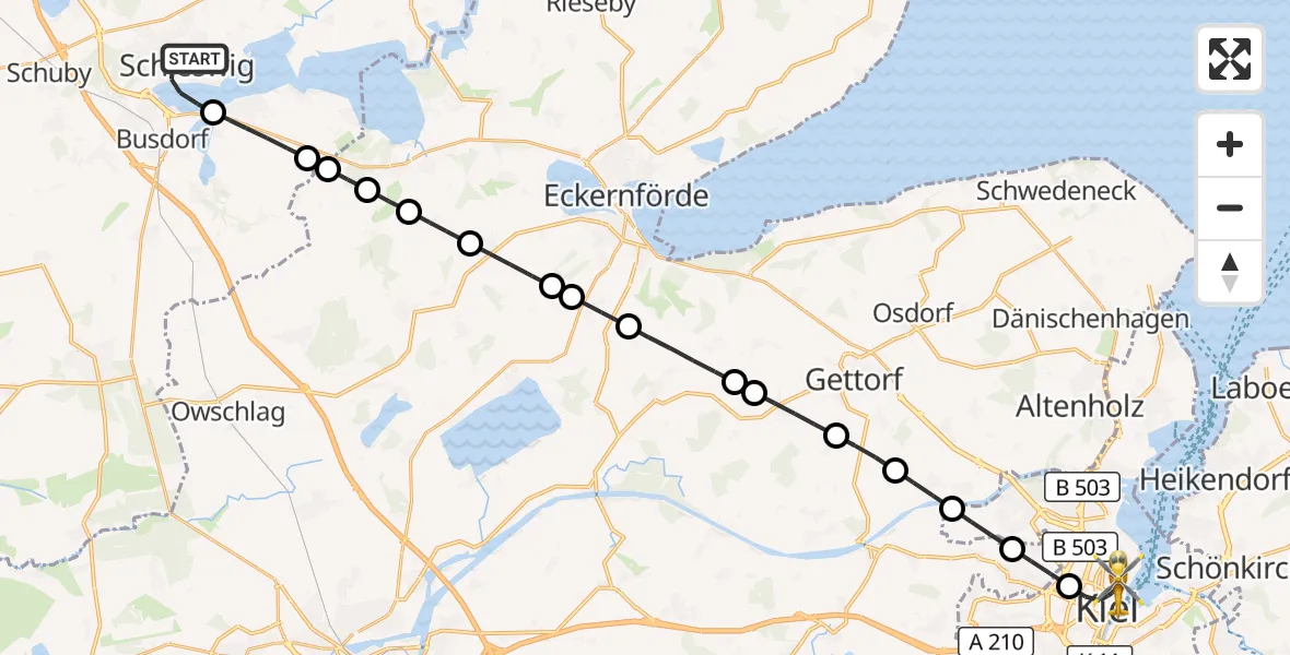 Flugroute Ambulanzhubschrauber Schleswig - Kiel, 30 Juni 2026, 01:28