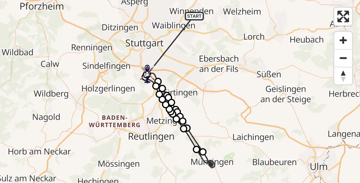 Flugroute Polizeihubschrauber Winnenden - Flughafen Stuttgart, 30 Juni 2026, 01:42