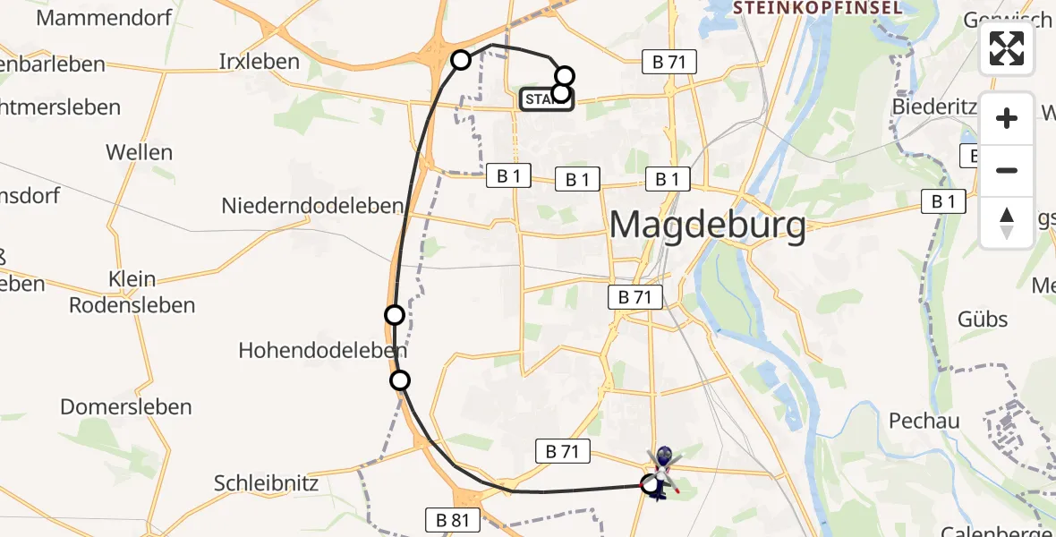 Flugroute Polizeihubschrauber Magdeburg Hospital - Magdeburg City Flugplatz, 30 Juni 2026, 01:45