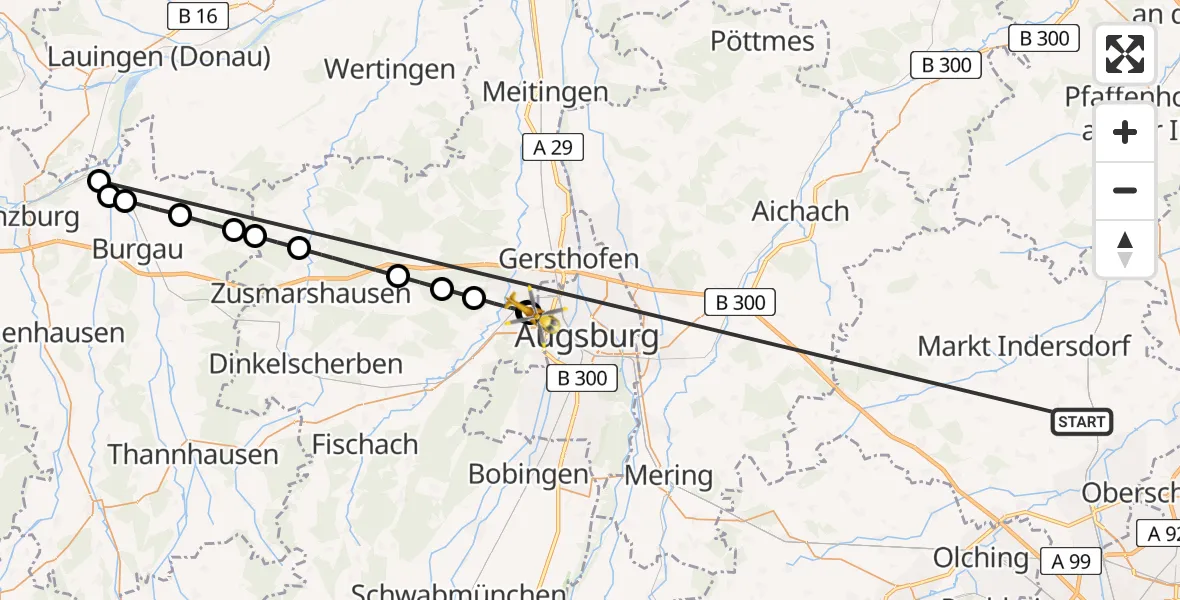 Flugroute Rettungshubschrauber Röhrmoos - Augsburg University Hospital, 30 Juni 2026, 01:56
