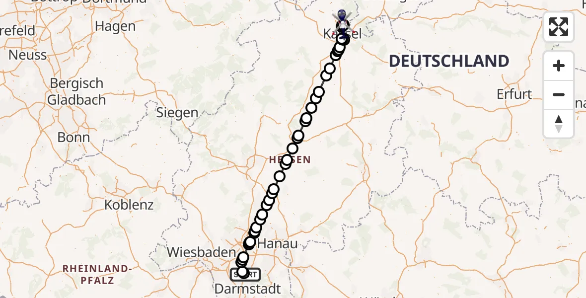Flugroute Polizeihubschrauber Flughafen Frankfurt-Egelsbach - Fuldatal Bundespolizei Hubschrauberlandeplatz, 30 Juni 2026, 02:04