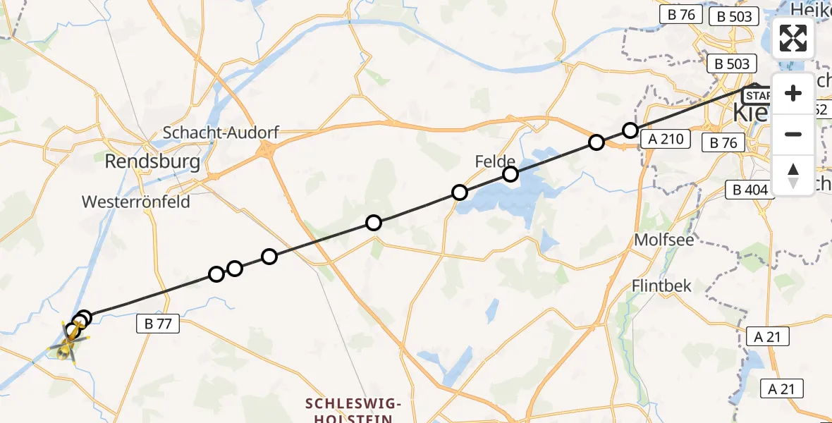 Flugroute Ambulanzhubschrauber Kiel - Rendsburg-Schachtholm Flugplatz, 30 Juni 2026, 02:11