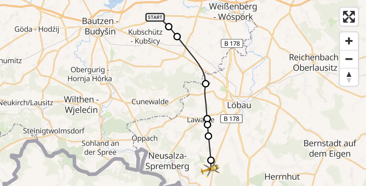 Flugroute Rettungshubschrauber Bautzen Flugplatz - Kottmar, 30 Juni 2026, 04:50