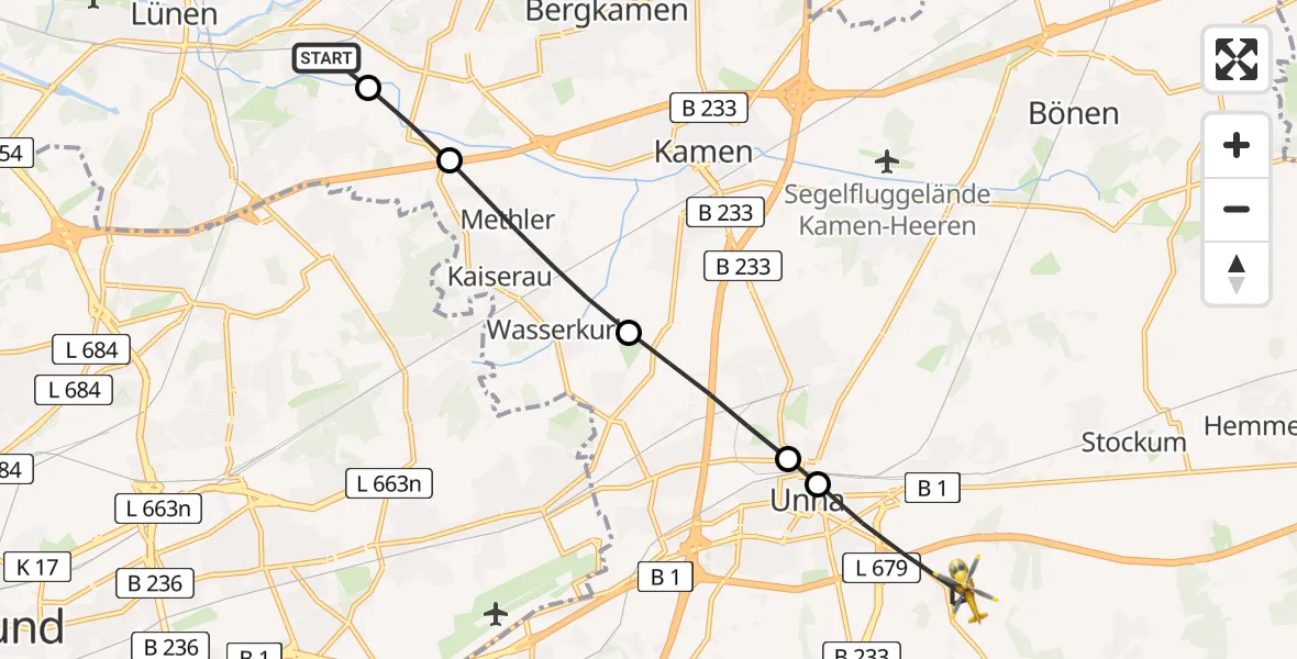Flugroute Rettungshubschrauber Bergkamen - Unna, 30 Juni 2026, 05:03